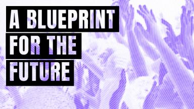 a blueprint for the future text on top of a purple and white image of a crowd